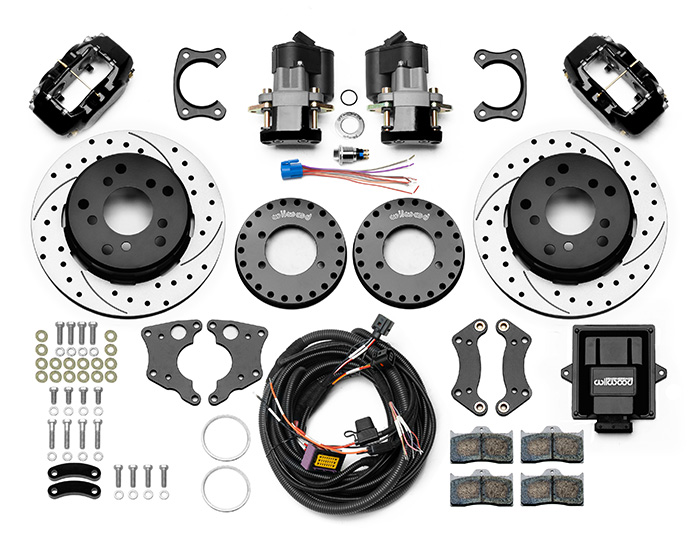 Wilwood Forged Dynalite Rear Electronic Parking Brake Kit Parts Laid Out - Black Powder Coat Caliper - SRP Drilled & Slotted Rotor