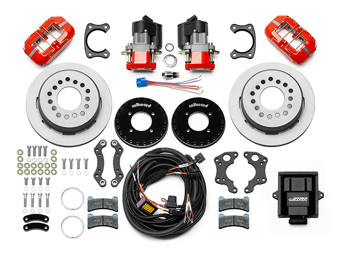 Wilwood Forged Dynapro Low-Profile Rear Electronic Parking Brake Kit Parts Laid Out - Red Powder Coat Caliper - Plain Face Rotor