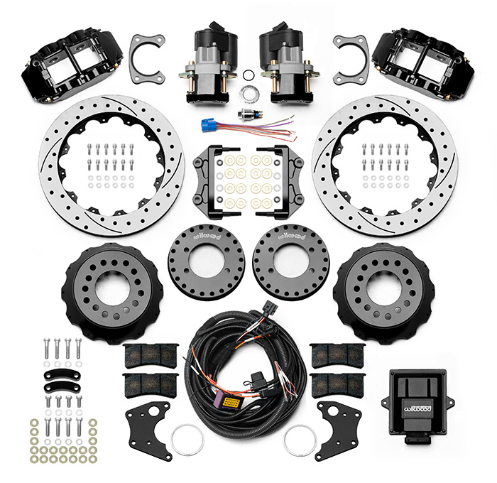 Wilwood Forged Narrow Superlite 4R Big Brake Rear Electronic Parking Brake Kit Parts Laid Out - Black Powder Coat Caliper - SRP Drilled & Slotted Rotor