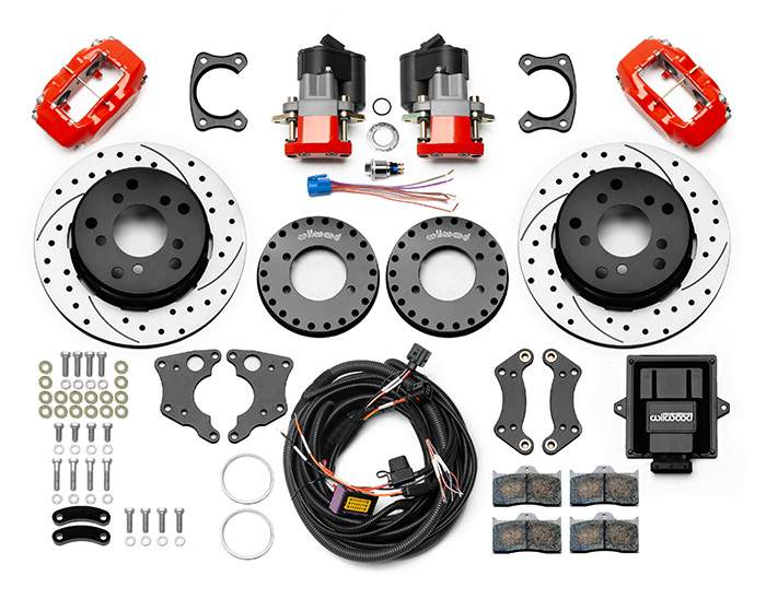 Wilwood Forged Dynalite Rear Electronic Parking Brake Kit Parts Laid Out - Red Powder Coat Caliper - SRP Drilled & Slotted Rotor