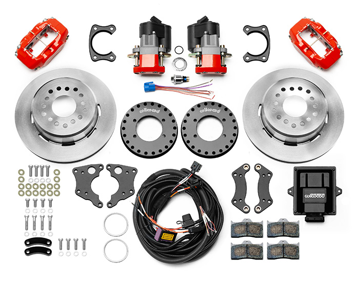 Wilwood Forged Dynalite Rear Electronic Parking Brake Kit Parts Laid Out - Red Powder Coat Caliper - Plain Face Rotor