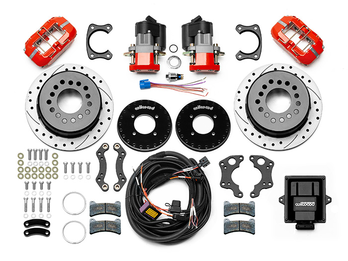 Wilwood Forged Dynapro Low-Profile Rear Electronic Parking Brake Kit Parts Laid Out - Red Powder Coat Caliper - SRP Drilled & Slotted Rotor