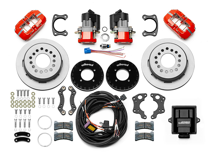 Wilwood Forged Dynapro Low-Profile Rear Electronic Parking Brake Kit Parts Laid Out - Plain Face Rotor
