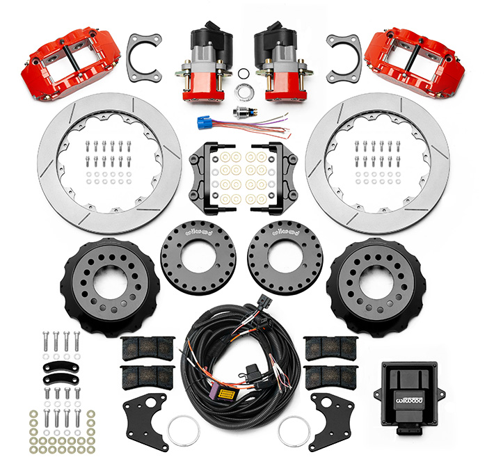 Wilwood Forged Narrow Superlite 4R Big Brake Rear Electronic Parking Brake Kit Parts Laid Out - Red Powder Coat Caliper - GT Slotted Rotor