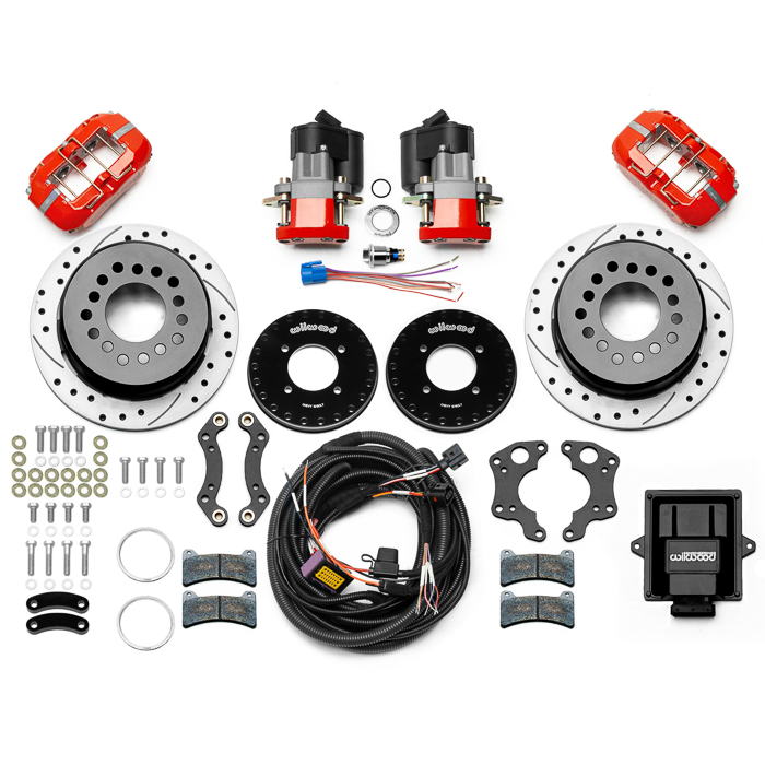 Wilwood Forged Dynapro Low-Profile Rear Electronic Parking Brake Kit Parts Laid Out - Red Powder Coat Caliper - SRP Drilled & Slotted Rotor