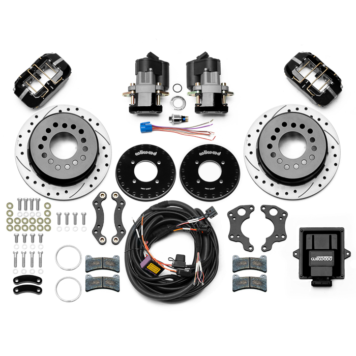 Wilwood Forged Dynapro Low-Profile Rear Electronic Parking Brake Kit Parts Laid Out - SRP Drilled & Slotted Rotor