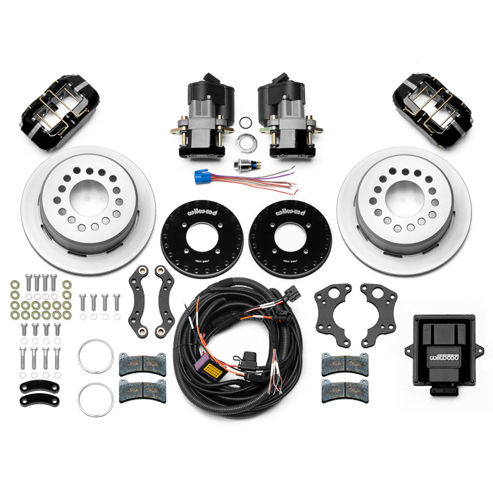 Wilwood Forged Dynapro Low-Profile Rear Electronic Parking Brake Kit Parts Laid Out - Plain Face Rotor