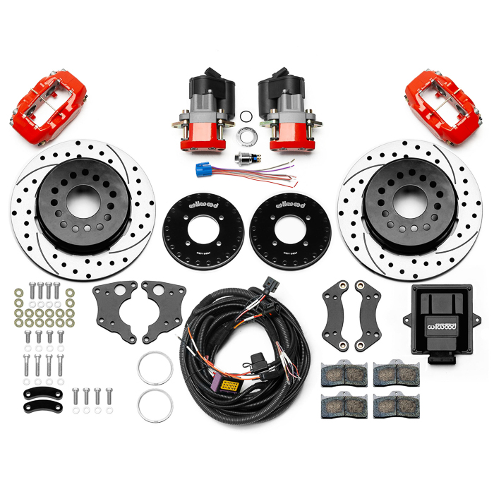 Wilwood Forged Dynalite Rear Electronic Parking Brake Kit Parts Laid Out - Red Powder Coat Caliper - SRP Drilled & Slotted Rotor