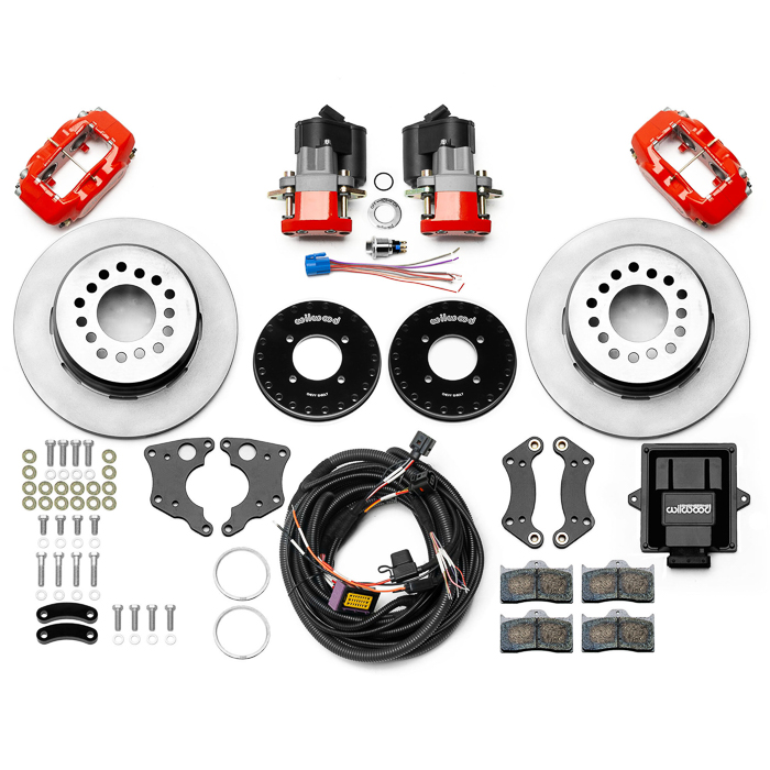 Wilwood Forged Dynalite Rear Electronic Parking Brake Kit Parts Laid Out - Red Powder Coat Caliper - Plain Face Rotor