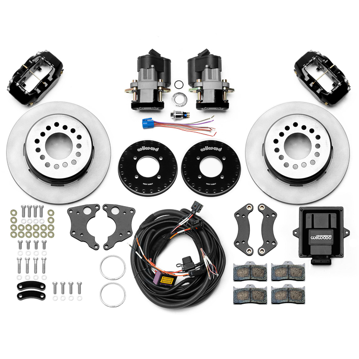 Wilwood Forged Dynalite Rear Electronic Parking Brake Kit Parts Laid Out - Black Powder Coat Caliper - Plain Face Rotor