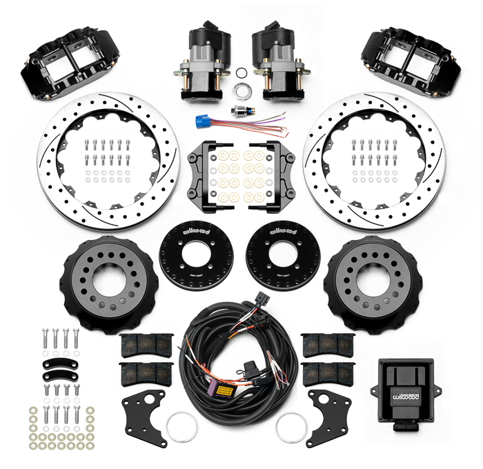 Wilwood Forged Narrow Superlite 4R Big Brake Rear Electronic Parking Brake Kit Parts Laid Out - Black Powder Coat Caliper - SRP Drilled & Slotted Rotor