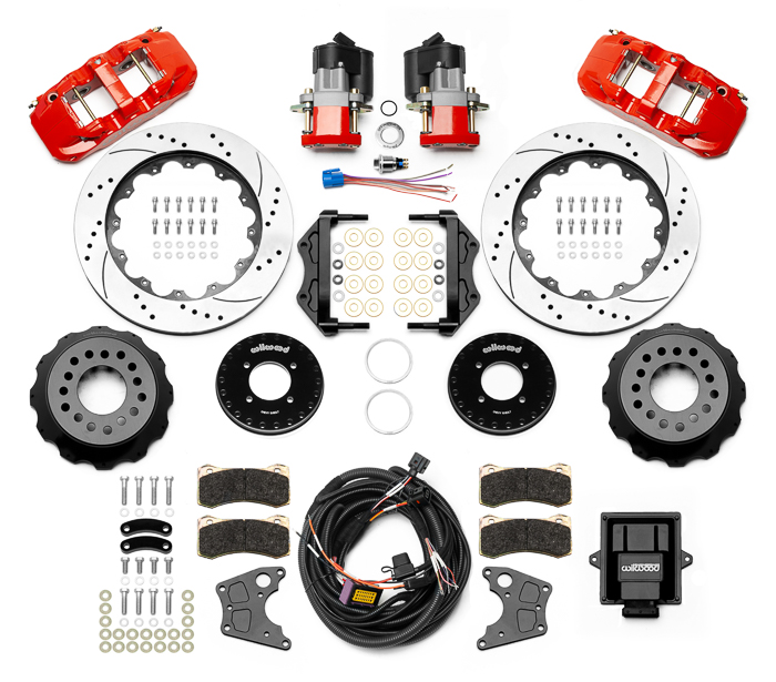 Wilwood AERO4 Big Brake Rear Electronic Parking Brake Kit Parts Laid Out - Red Powder Coat Caliper - SRP Drilled & Slotted Rotor