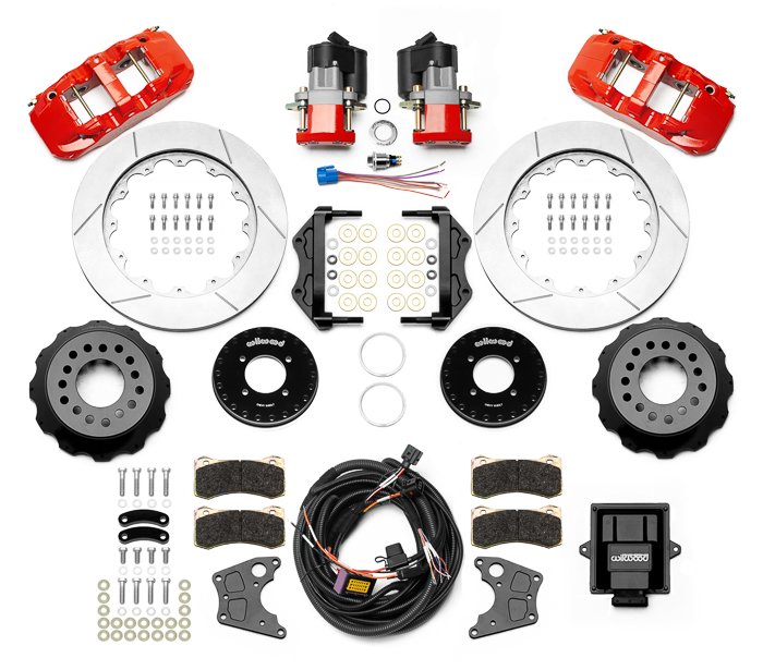 Wilwood AERO4 Big Brake Rear Electronic Parking Brake Kit Parts Laid Out - Red Powder Coat Caliper - GT Slotted Rotor