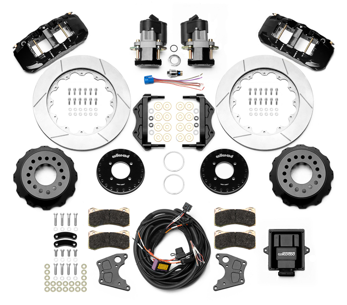 Wilwood AERO4 Big Brake Rear Electronic Parking Brake Kit Parts Laid Out - Black Powder Coat Caliper - GT Slotted Rotor