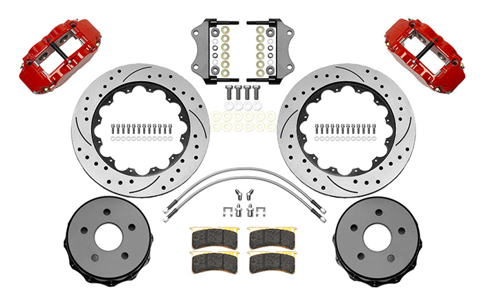 Wilwood Forged Narrow Superlite 4R Big Brake Rear Brake Kit For OE Parking Brake Parts Laid Out - Red Powder Coat Caliper - SRP Drilled & Slotted Rotor