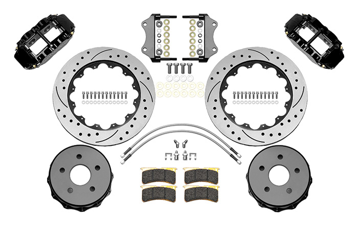 Wilwood Forged Narrow Superlite 4R Big Brake Rear Brake Kit For OE Parking Brake Parts Laid Out - Black Powder Coat Caliper - SRP Drilled & Slotted Rotor