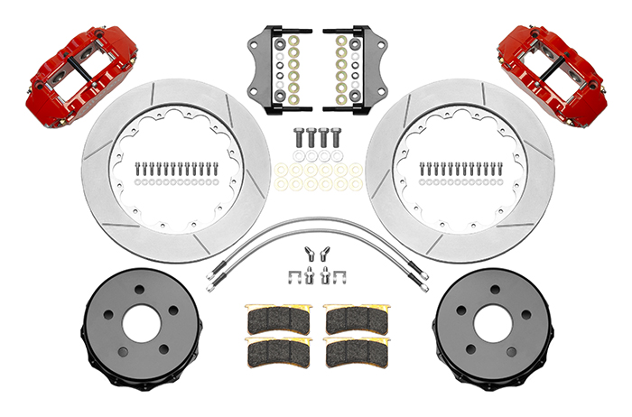 Wilwood Forged Narrow Superlite 4R Big Brake Rear Brake Kit For OE Parking Brake Parts Laid Out - Red Powder Coat Caliper - GT Slotted Rotor