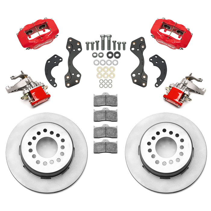 Wilwood Forged Dynalite-MC4 Rear Parking Brake Kit Parts Laid Out - Red Powder Coat Caliper - Plain Face Rotor