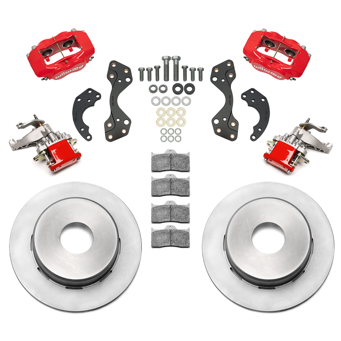 Wilwood Forged Dynalite-MC4 Rear Parking Brake Kit Parts Laid Out - Red Powder Coat Caliper - Plain Face Rotor