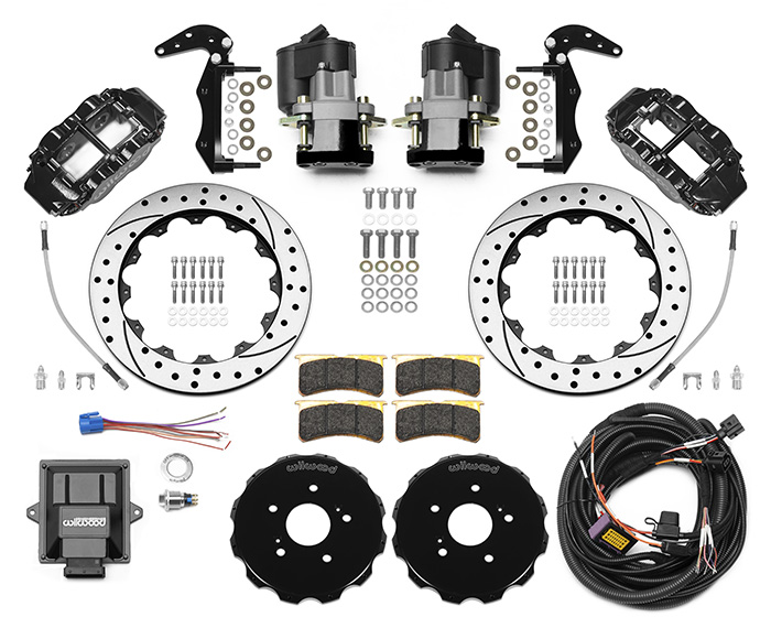 Wilwood Forged Narrow Superlite 4R Big Brake Rear Electronic Parking Brake Kit Parts Laid Out - Black Powder Coat Caliper - SRP Drilled & Slotted Rotor