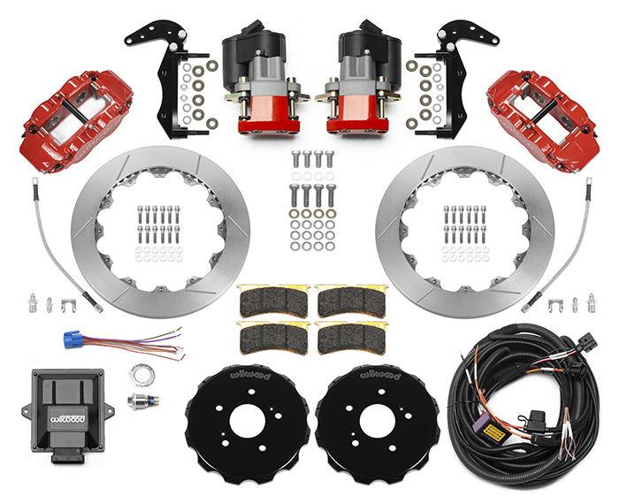 Wilwood Forged Narrow Superlite 4R Big Brake Rear Electronic Parking Brake Kit Parts Laid Out - Red Powder Coat Caliper - GT Slotted Rotor