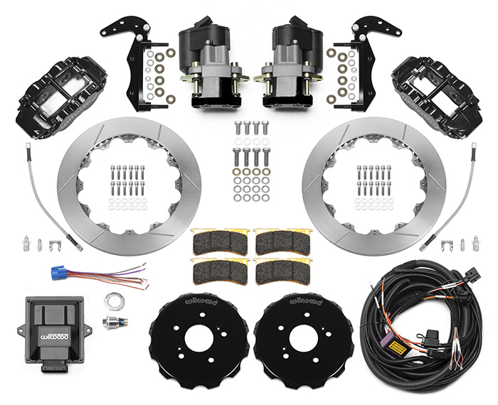 Wilwood Forged Narrow Superlite 4R Big Brake Rear Electronic Parking Brake Kit Parts Laid Out - Black Powder Coat Caliper