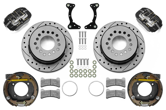 Wilwood Forged Dynapro Low-Profile Rear Parking Brake Kit Parts Laid Out - Black Powder Coat Caliper - SRP Drilled & Slotted Rotor