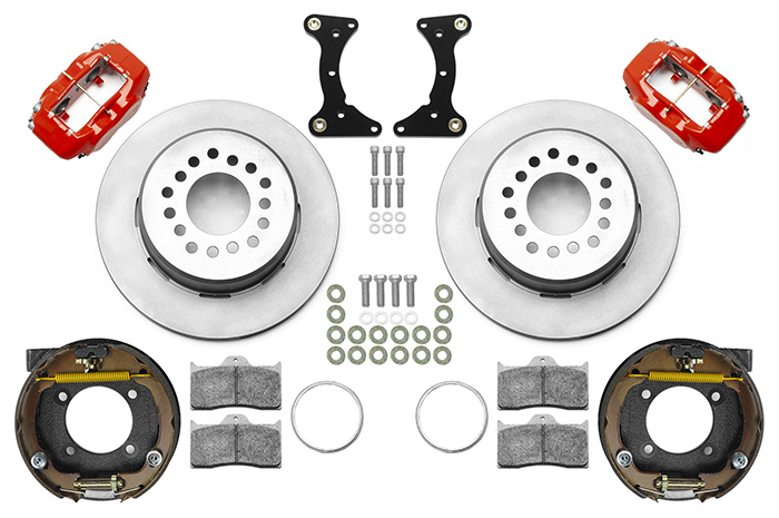 Wilwood Forged Dynalite Rear Parking Brake Kit Parts Laid Out - Red Powder Coat Caliper - Plain Face Rotor