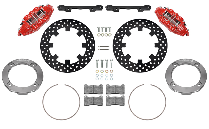 Wilwood UTV4 Rear Brake Kit Parts Laid Out - Red Powder Coat Caliper - Drilled Rotor