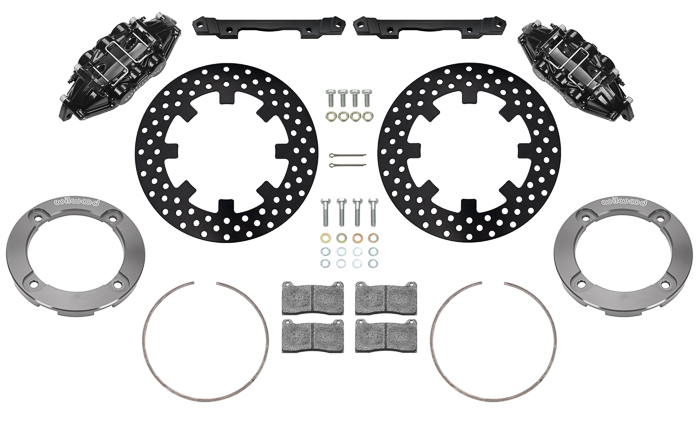 Wilwood UTV4 Rear Brake Kit Parts Laid Out - Black Powder Coat Caliper - Drilled Rotor