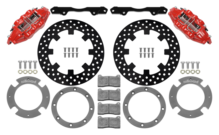 Wilwood UTV4 Rear Brake Kit Parts Laid Out - Red Powder Coat Caliper - Drilled Rotor