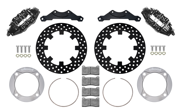 Wilwood UTV6 Rear Brake Kit Parts Laid Out - Black Powder Coat Caliper - Drilled Rotor