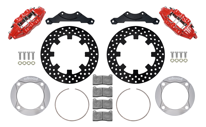 Wilwood UTV6 Rear Brake Kit Parts Laid Out - Red Powder Coat Caliper - Drilled Rotor