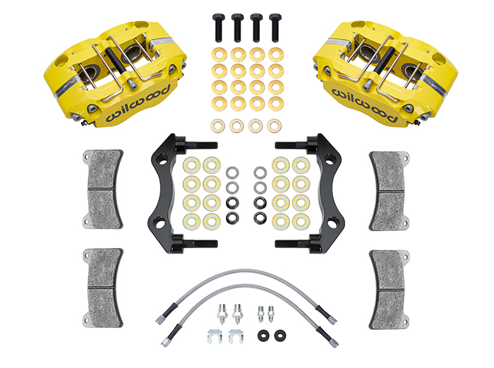 Wilwood Narrow Dynapro-P Radial Rear Caliper and Bracket Kit Parts Laid Out - Yellow Powder Coat Caliper