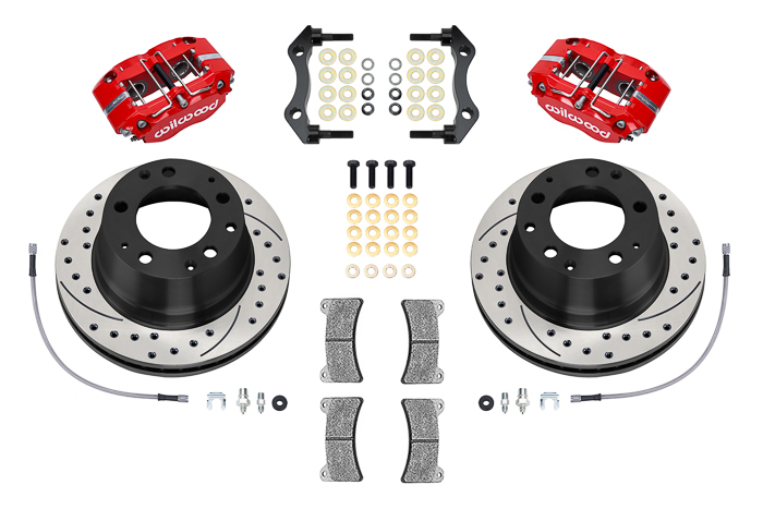 Wilwood Narrow Dynapro-P Radial Rear Brake Kit Parts Laid Out - Red Powder Coat Caliper - SRP Drilled & Slotted Rotor