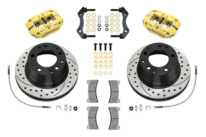 Wilwood Narrow Dynapro-P Radial Rear Brake Kit Parts Laid Out - Yellow Powder Coat Caliper - SRP Drilled & Slotted Rotor