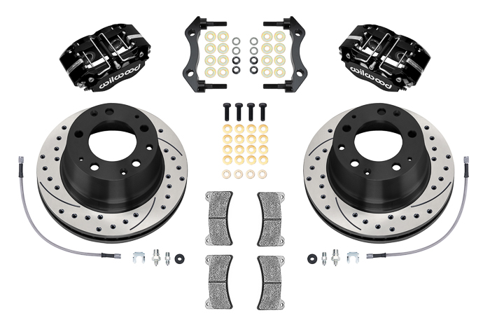 Wilwood Narrow Dynapro-P Radial Rear Brake Kit Parts Laid Out - Black Powder Coat Caliper - SRP Drilled & Slotted Rotor