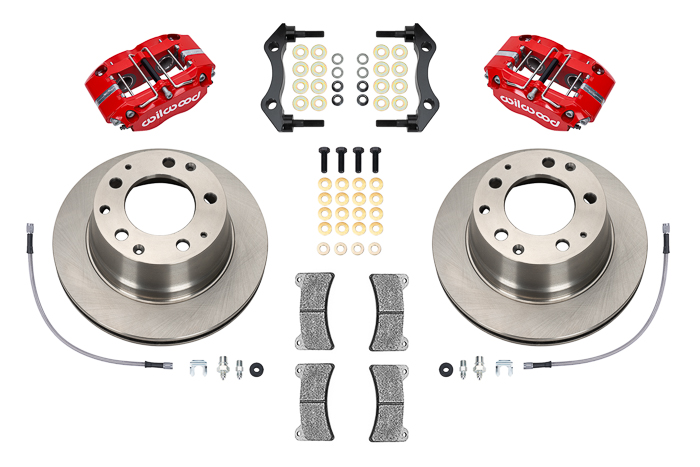 Wilwood Narrow Dynapro-P Radial Rear Brake Kit Parts Laid Out - Red Powder Coat Caliper - Plain Face Rotor