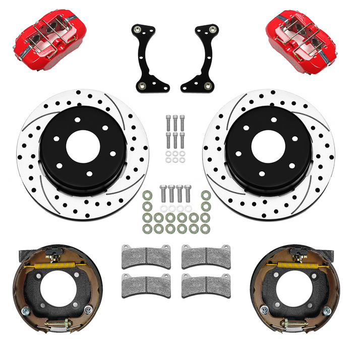 Wilwood Forged Dynapro Low-Profile Rear Parking Brake Kit (6 x 5.50 Rotor) Parts Laid Out - Red Powder Coat Caliper - SRP Drilled & Slotted Rotor