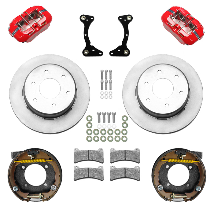 Wilwood Forged Dynapro Low-Profile Rear Parking Brake Kit (6 x 5.50 Rotor) Parts Laid Out - Red Powder Coat Caliper - Plain Face Rotor