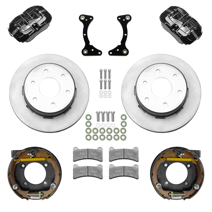 Wilwood Forged Dynapro Low-Profile Rear Parking Brake Kit (6 x 5.50 Rotor) Parts Laid Out - Black Powder Coat Caliper - Plain Face Rotor