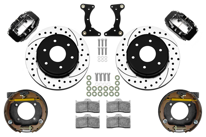 Wilwood Forged Dynalite Rear Parking Brake Kit (6 x 5.50 Rotor) Parts Laid Out - Black Powder Coat Caliper - SRP Drilled & Slotted Rotor
