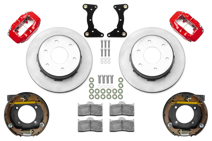 Wilwood Forged Dynalite Rear Parking Brake Kit (6 x 5.50 Rotor) Parts Laid Out - Red Powder Coat Caliper - Plain Face Rotor