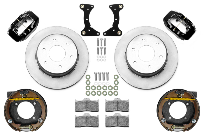Wilwood Forged Dynalite Rear Parking Brake Kit (6 x 5.50 Rotor) Parts Laid Out - Black Powder Coat Caliper - Plain Face Rotor