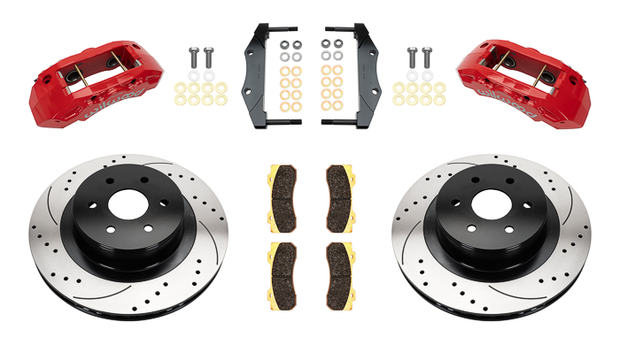 Wilwood TX4R Big Brake Truck Rear Brake Kit Parts Laid Out - Red Powder Coat Caliper - SRP Drilled & Slotted Rotor