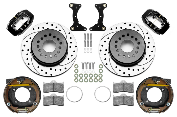 Wilwood Forged Dynalite Rear Parking Brake Kit Parts Laid Out - Black Powder Coat Caliper - SRP Drilled & Slotted Rotor