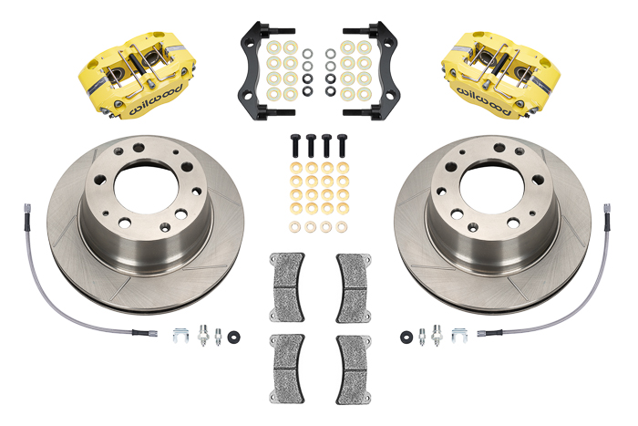 Wilwood Narrow Dynapro-P Radial Rear Brake Kit Parts Laid Out - Yellow Powder Coat Caliper - GT Slotted Rotor