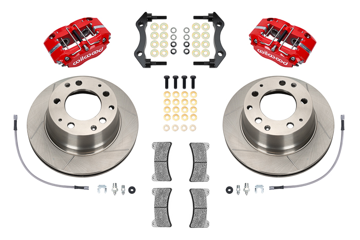 Wilwood Narrow Dynapro-P Radial Rear Brake Kit Parts Laid Out - Red Powder Coat Caliper - GT Slotted Rotor