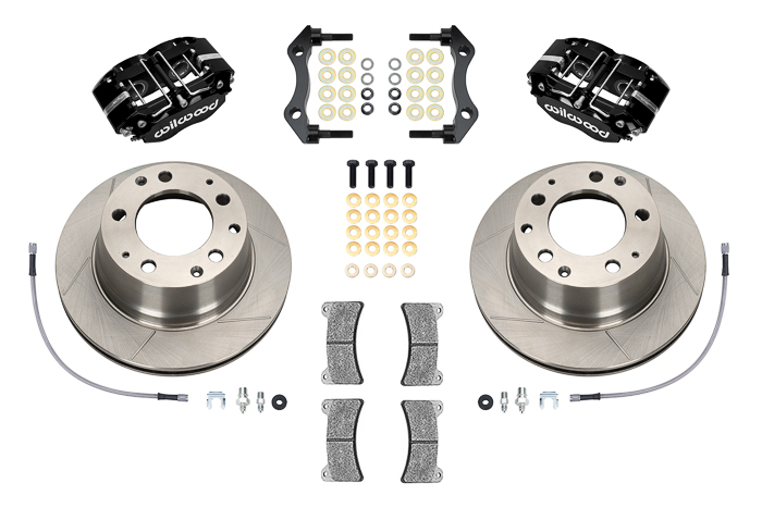 Wilwood Narrow Dynapro-P Radial Rear Brake Kit Parts Laid Out - Black Powder Coat Caliper - GT Slotted Rotor