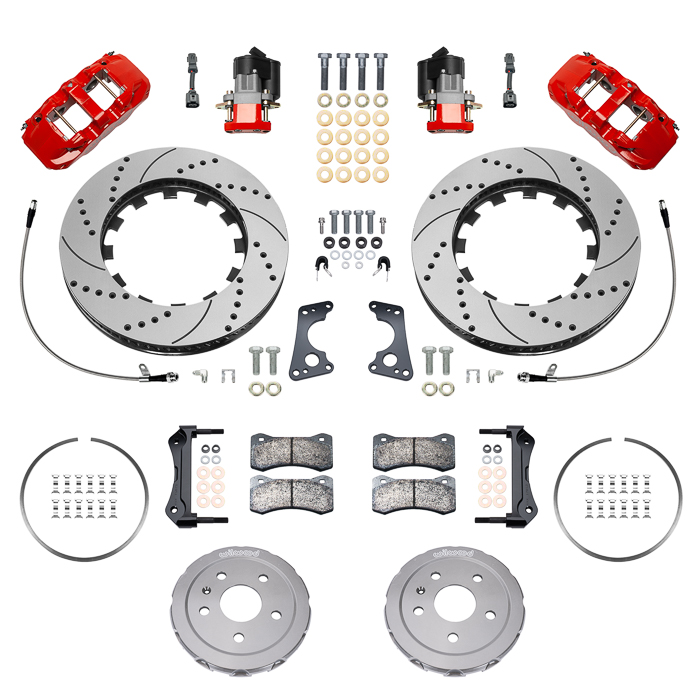 Wilwood AERO4 Big Brake Rear Dynamic Electronic Parking Brake Kit Parts Laid Out - Red Powder Coat Caliper - SRP Drilled & Slotted Rotor
